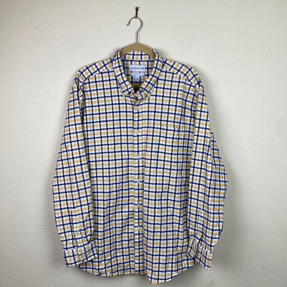 Saddlebred | White Navy Yellow Plaid Classic Button Down XXL